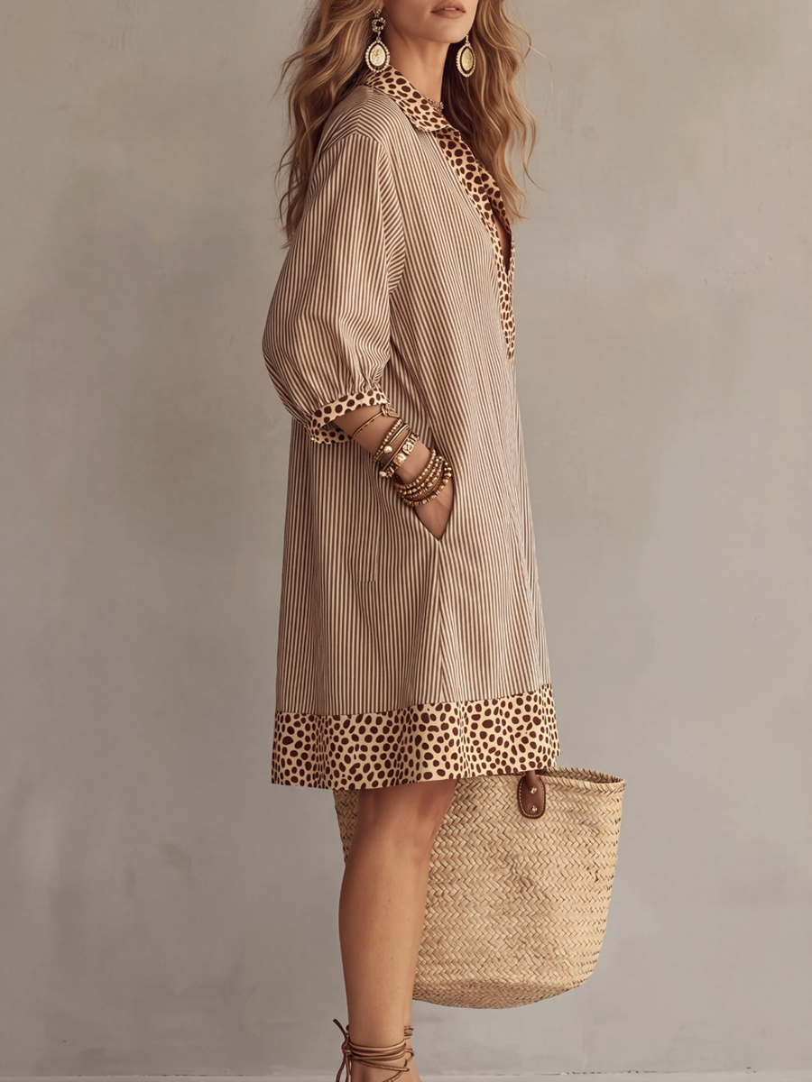 Striped Split-Joint Pockets Leopard Contrast Color Loose Half Sleeves V-neck Mini Dresses