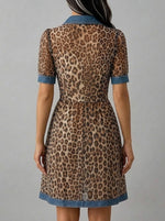 Stylish Casual Leopard-print Chiffon And Denim Patchwork Dress