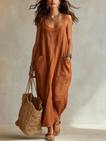 U-Neck Sleeveless Loose Pocket Maxi Dress, Casual Flowy Long Dress