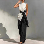 Women'S Lace-Up Sleeveless Contrasting Color Suit Top + Wide Leg Pants Two-Piece Set
