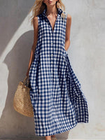 Women's Summer Resort Seaside Plaid Sleeveless Loose Long Dress