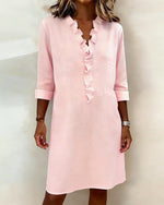 Ruffled V-Neck Solid Color Dress