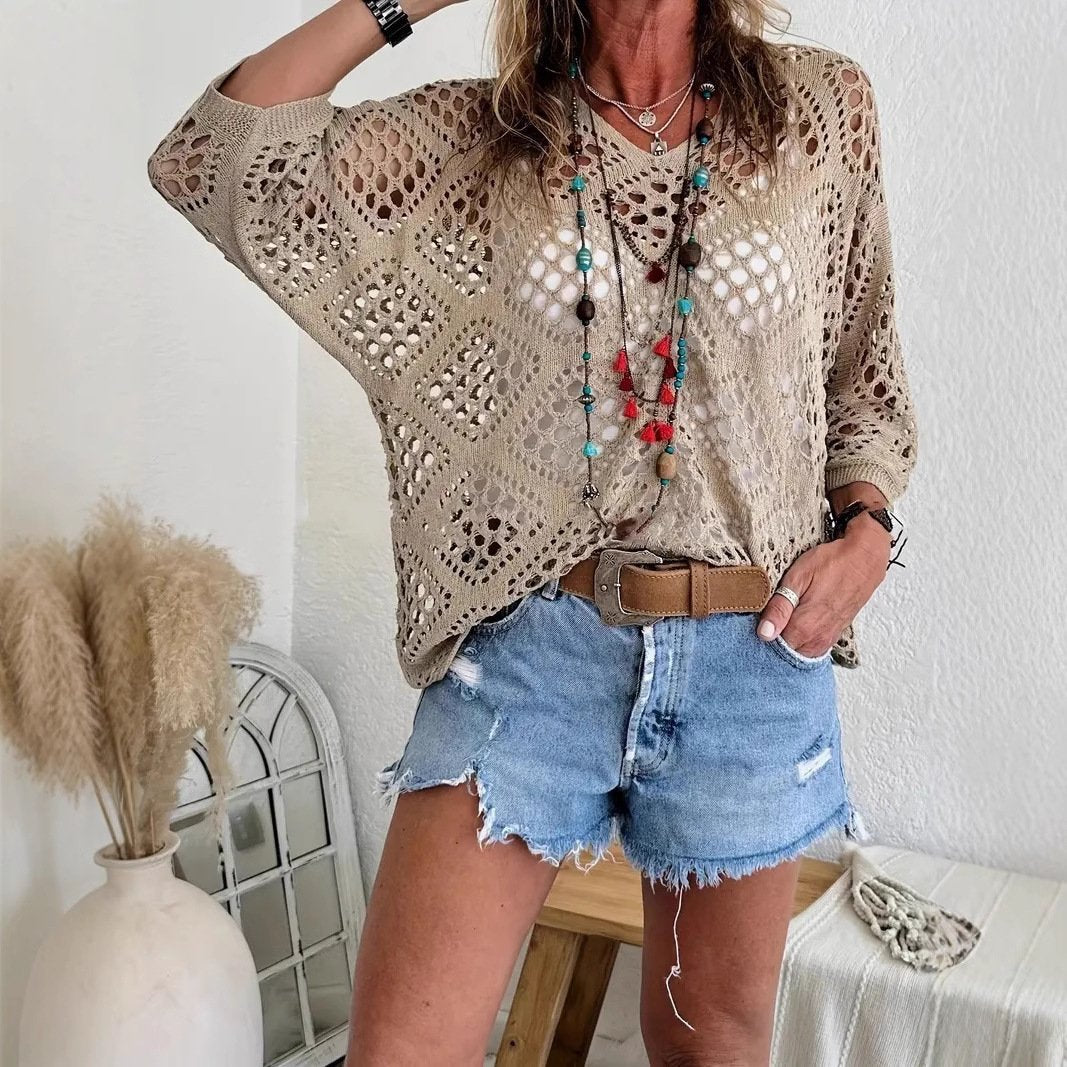 ? Handmade Crochet V©\Neck Boho Top | Apricot Summer Essential