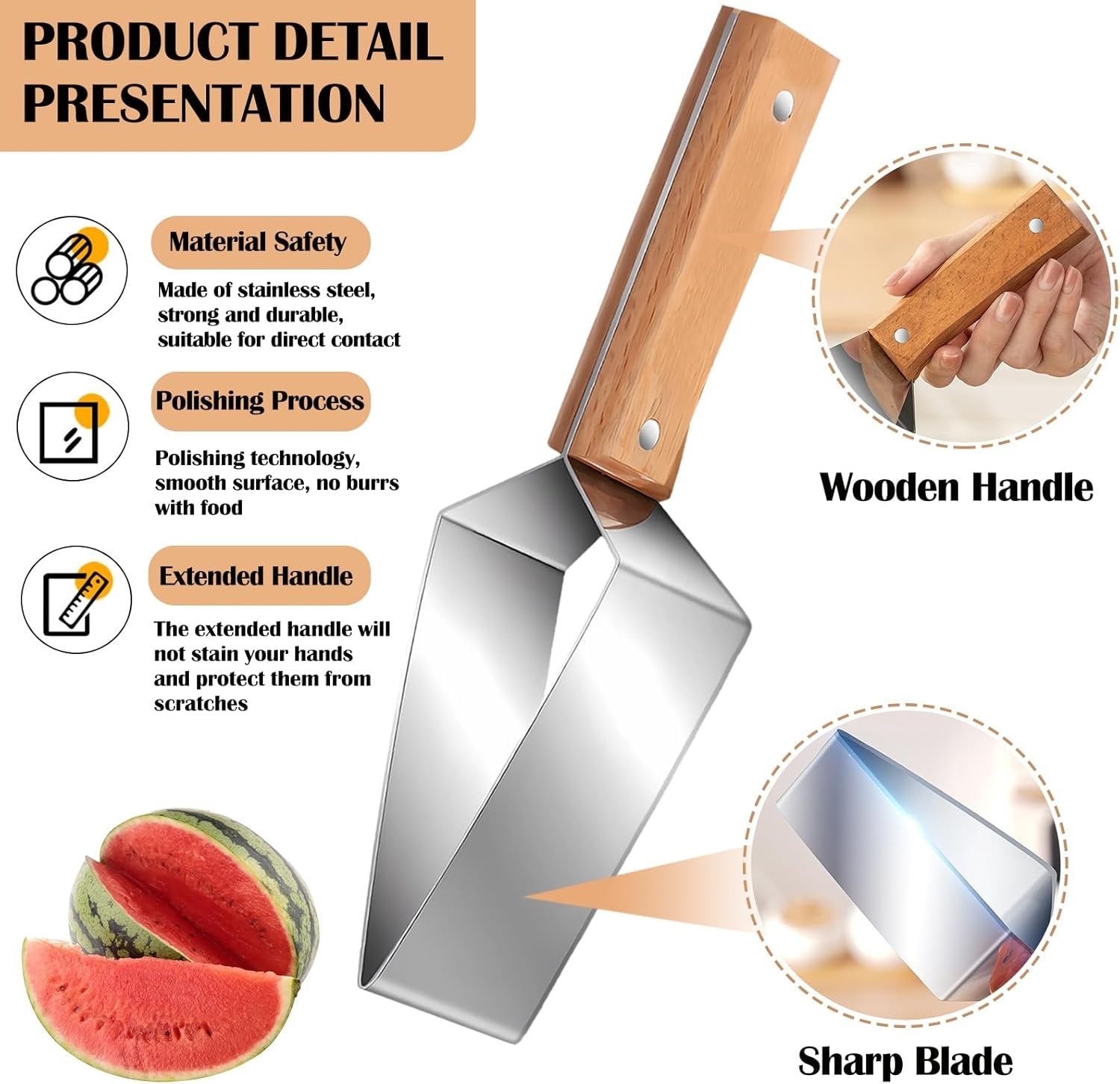 Dailyardtool®Triangle Watermelon Cutter, Stainless Steel with Wooden Handle - Melon Slicer, Fruit Cutter for Kitchen Gadgets