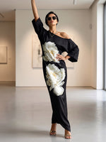 Pockets Flower Print Asymmetric Three-quarter Sleeves Loose One-shoulder Maxi Dresses