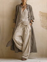 Casual Bohemian Linen And Cotton Long Cardigan And Sleeveless Top And Pants Three-piece Set