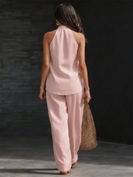 Casual Urban Style White Linen V-neck Sleeveless Top And Wide Leg Pants Set