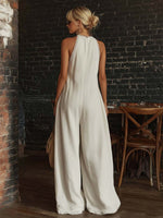 Retro Urban Bohemian V-neck Lace Trim Sleeveless Off-white Cotton Jumpsuit