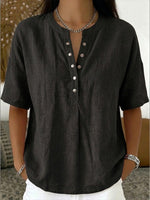 New Arrivals?? Women¡¯s Casual Henley Collar Linen And Cotton Short-sleeve Shirt