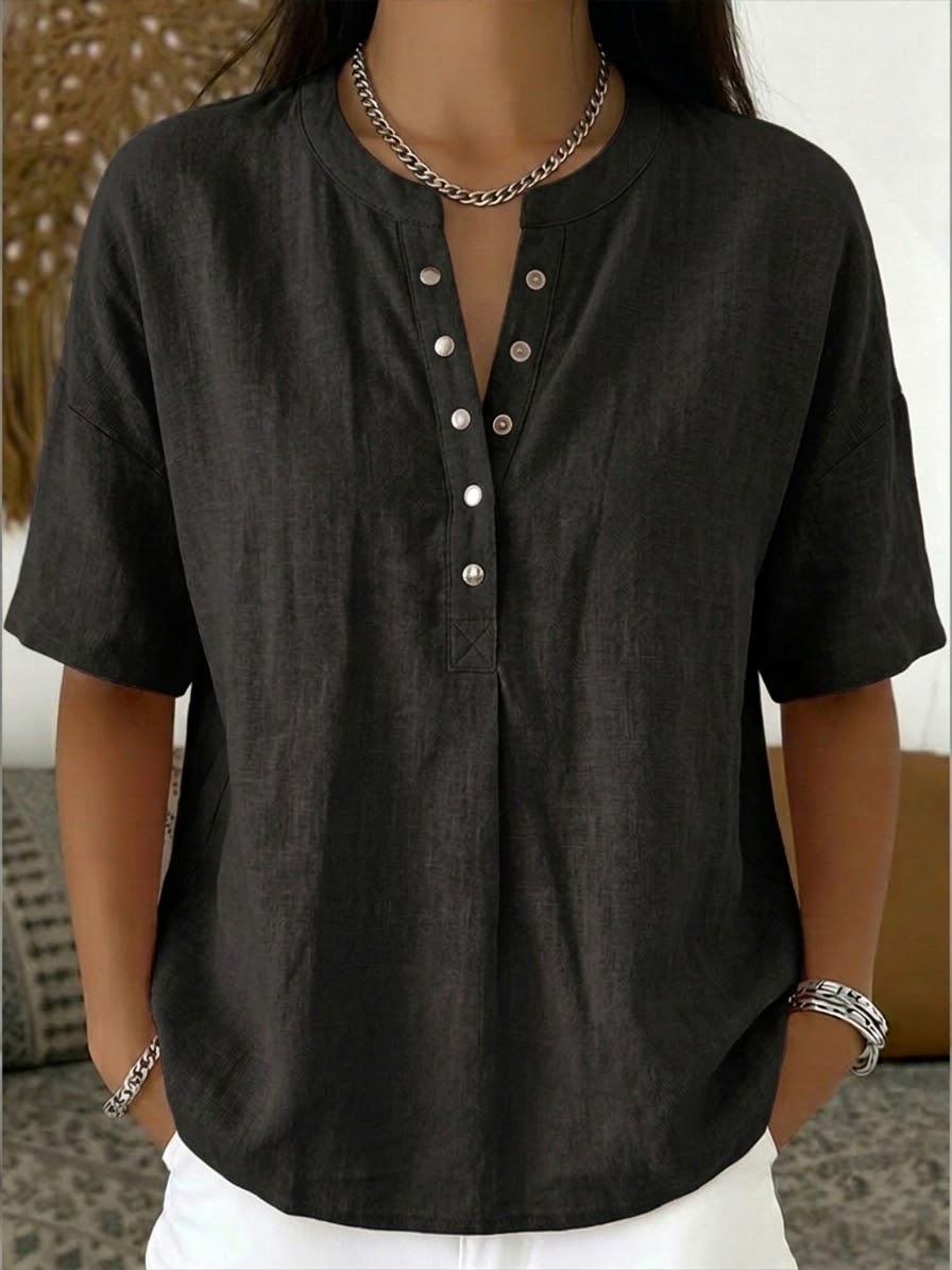 New Arrivals?? Women¡¯s Casual Henley Collar Linen And Cotton Short-sleeve Shirt