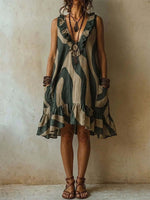 Abstract Wave Print Ruffle V-Neck Sleeveless Linen Mini Dress with Pockets