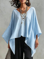 Women's V-neck 3/4-sleeve Casual Loose Cotton-linen Top