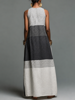 Striped Split-Joint Printed Pockets Contrast Color Sleeveless Loose Round-neck Maxi Dresses