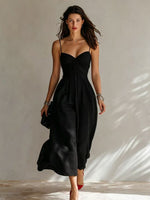 Linen Spaghetti Strap Sweetheart Ruched Bust Flowy Midi Dress