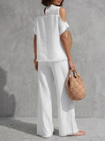 Fringed Cold Shoulder Half-Zip Solid Color Short Sleeve Blouses&Shirts Tops +  Pants Bottoms Trousers Two Pieces Set