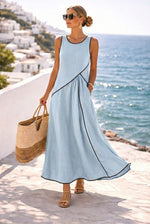 Contrast Piping Sleeveless A-Line Maxi Dress With Side Pockets