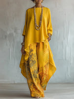 Women's Artistic Linen-Blend Asymmetrical Top & Floral Print Wide Leg Pants Two-Piece Set