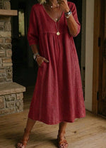Elegant Linen-Blend V-Neck Midi Dress with Lace Inserts & Pockets | Casual Summer Dress for Women