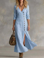 Long Multi-Button Fashion Cotton And Linen Dresses