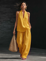 Casual Urban Style White Linen V-neck Sleeveless Top And Wide Leg Pants Set