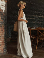 Retro Urban Bohemian V-neck Lace Trim Sleeveless Off-white Cotton Jumpsuit