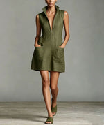 Linen Stand Collar Half Zip Sleeveless Pocket Mini Shift Dress
