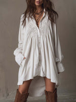 Retro-style Lace Irregular Hem Long-sleeved Mini Dress