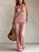 Halter Twist Ruched Top Wide Leg Pants Two Piece Set