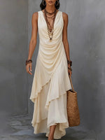 Sleeveless Draped V-Neck Asymmetrical Ruffle Maxi Dress