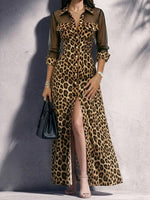 Leopard Print Mesh Sleeve Maxi Shirt Dress