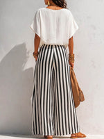 Women's Solid-color Cowl-neck Short-sleeve Loose-fit Cotton-linen Top & Elastic-waist Striped Wide-leg Cotton-linen Pants Set