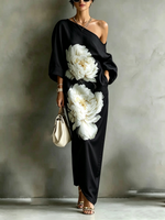 Pockets Flower Print Asymmetric Three-quarter Sleeves Loose One-shoulder Maxi Dresses