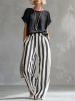 Cozy Loose-fit Striped Cotton-linen Two-piece Set
