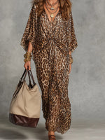 High Waisted Long Sleeves Knot Leopard V-Neck Maxi Dresses