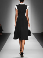 Women's Colorblock Square Neck Cap Shoulder Sleeve Waist Midi Dress