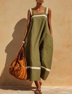 Linen Contrast White Stripe Square Neck Midi Skirt Set
