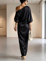 Pockets Flower Print Asymmetric Three-quarter Sleeves Loose One-shoulder Maxi Dresses