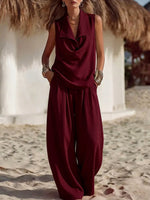 Sleeveless Collar Top & Wide Leg Vacation Pants