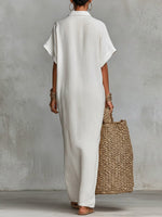 Women's Solid Color Collared Short-sleeved Casual Loose Linen Dress