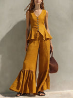 Mustard Linen-Blend Peplum Top & Ruffled Wide-Leg Pants Set