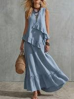 Asymmetrical Ruffle Sleeveless Textured Maxi Dress, Flowy Loose Summer Resort Long Dress