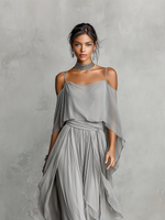 Women's Grey Breathable Chiffon Maxi Dress With Cold-Shoulder Detail & Flared Silhouette