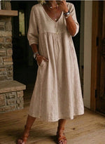 Elegant Linen-Blend V-Neck Midi Dress with Lace Inserts & Pockets | Casual Summer Dress for Women