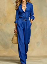 Classic Collared Belted Linen Blend Wide Leg Jumpsuit