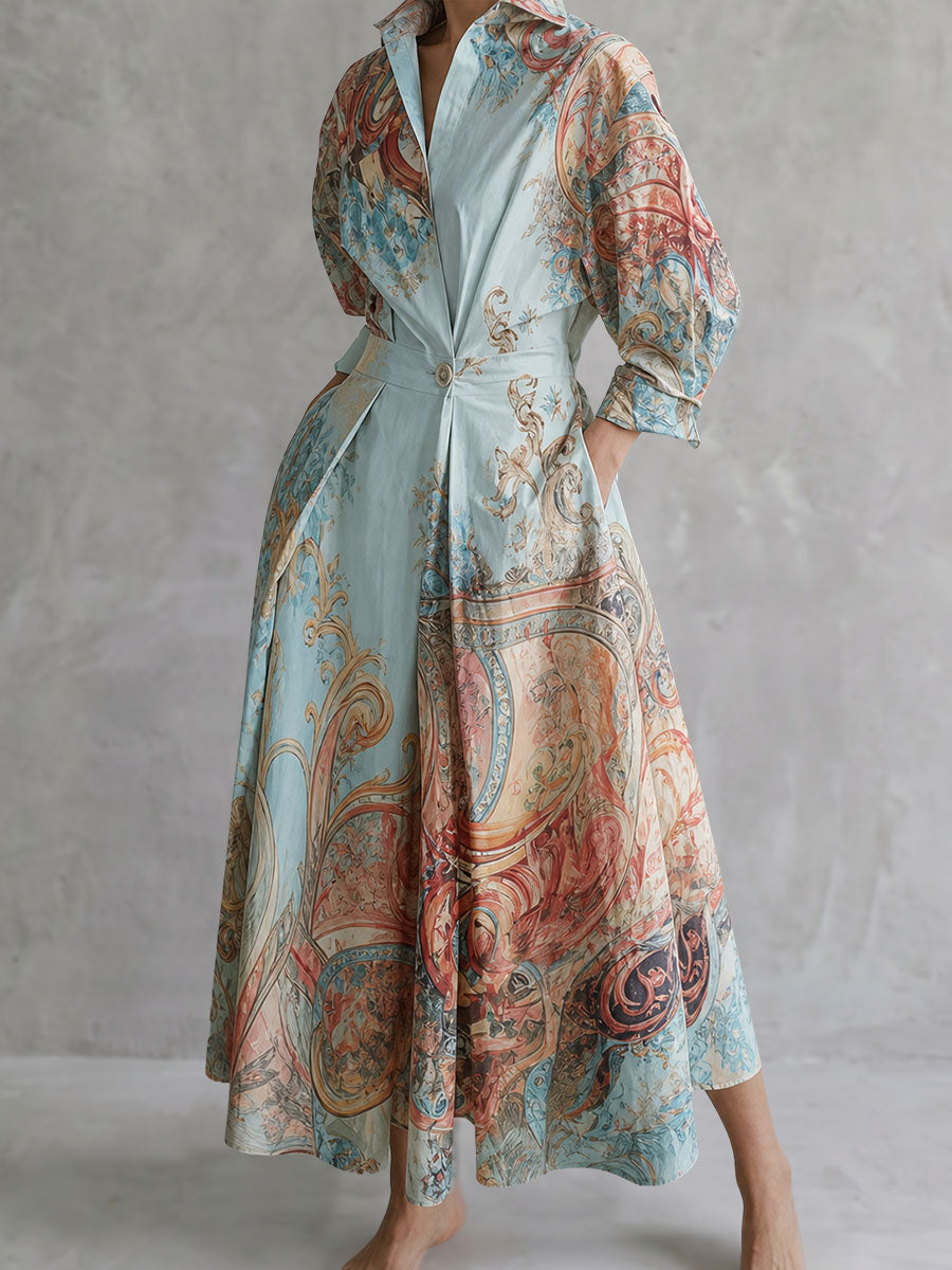 Printed Pockets Contrast Color Buttoned Three-quarter Sleeves High Waisted Lapel Shirt Dress Maxi Dresses