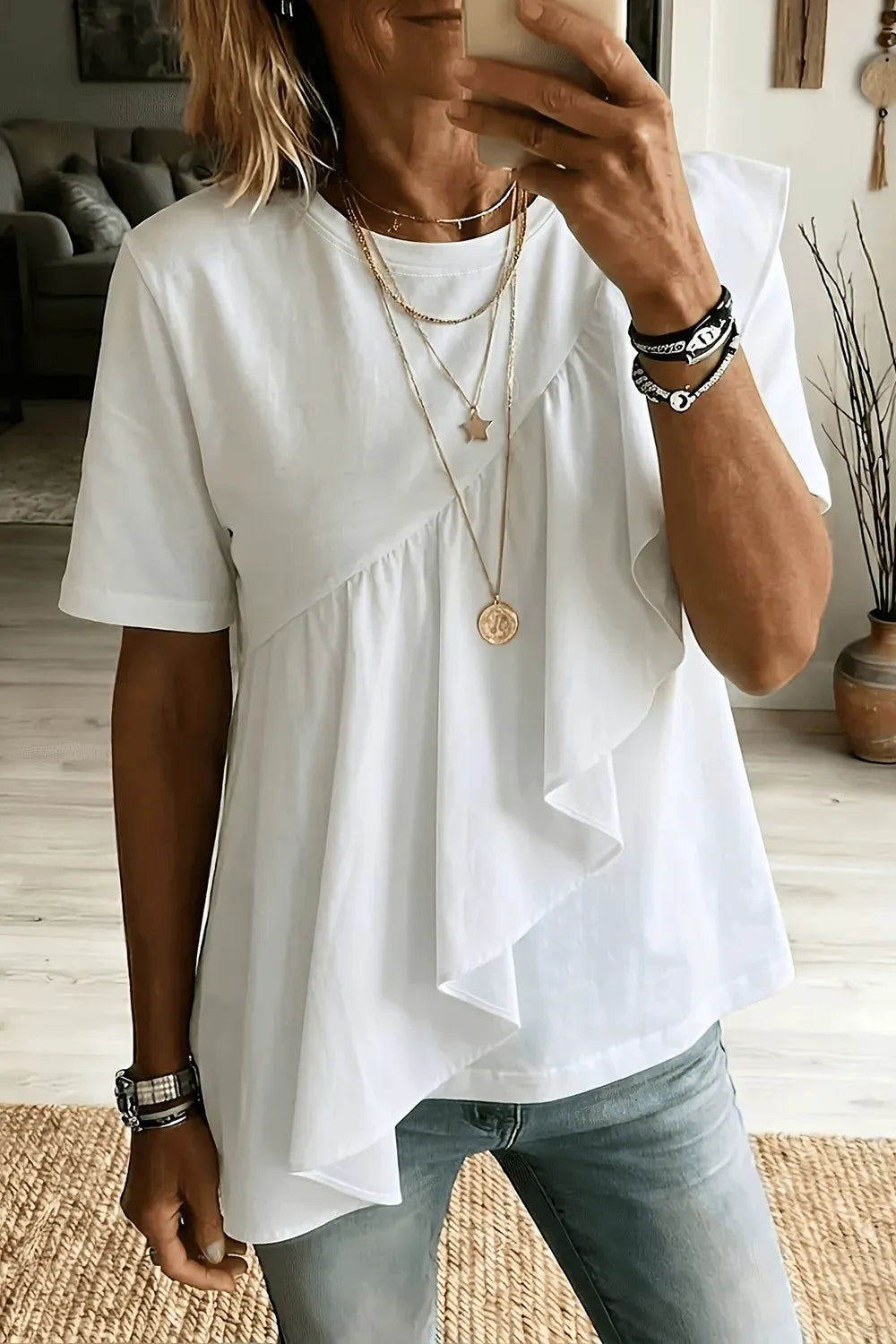 Plus Size Everyday White Asymmetric Ruffled Hem Loose Blouse