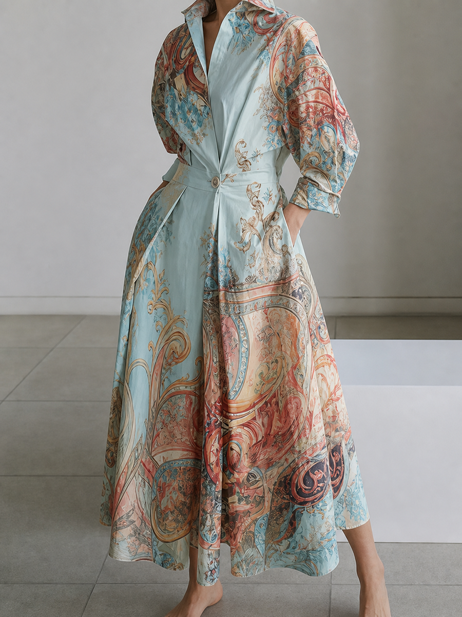 Printed Pockets Contrast Color Buttoned Three-quarter Sleeves High Waisted Lapel Shirt Dress Maxi Dresses