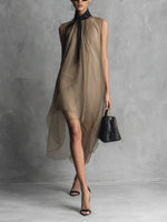 Sheer Mesh Sleeveless Tie Neck Asymmetrical Midi Dress