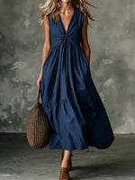 Twist Front V-Neck Sleeveless Pocket Textured Flowy Maxi Dress