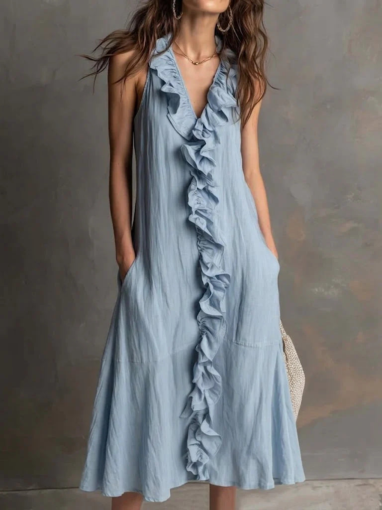 ?? Ruffle V-Neck Sleeveless Midi Dress